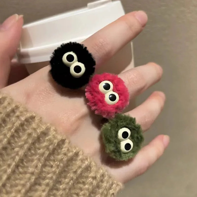 Women New Design Winter Small Coal Ball Plush Rings Girls Kpop Cute Soft Monster Eye Opening Finger Ring Party Gift