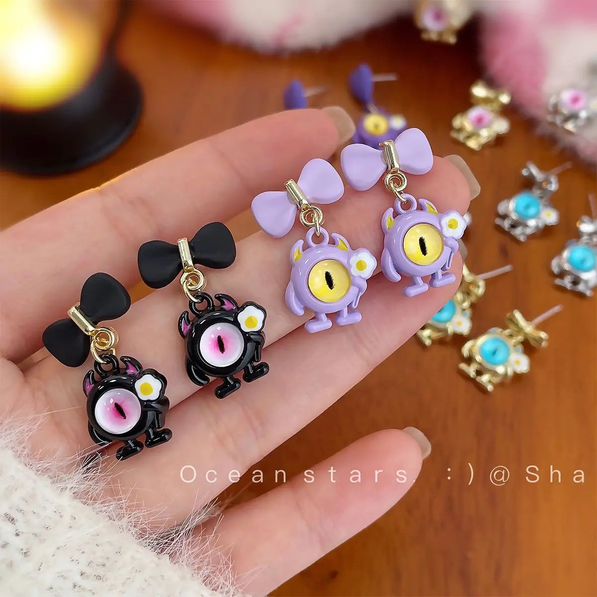 Women Girls Cartoon Cute Monster Big Eye Pendant Dangle Earrings Bow-knot Ear Stud Korean Fashion Animal Earring