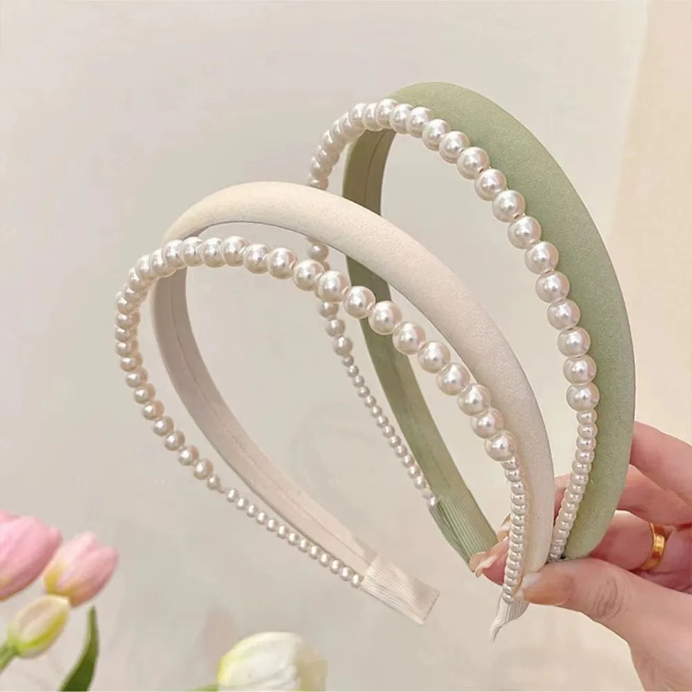 New Sweet Temperament Double-layer Pearl Hair Hoop Headband for Women Korean Fashion White Green Hair Accessories