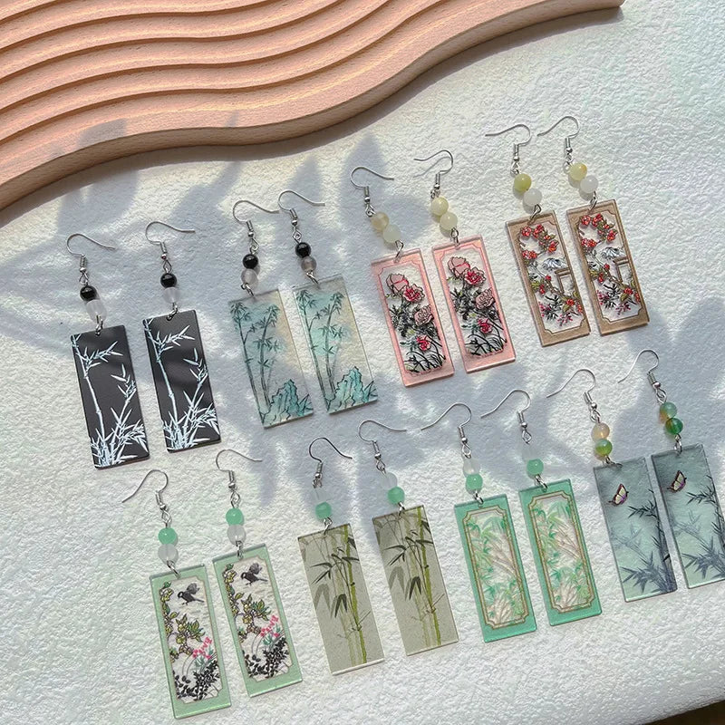 2025 New Chinese Ancient Style Ink Painting Peony Flower Acrylic Dangle Earrings for Women Vintage Ethnic Square Drop Earring