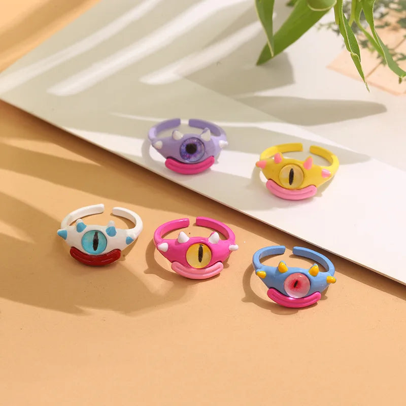 Cartoon Monster Big Eye Ear Shape Rings Women Kids Colorful Funny Sausage Mouth Animal Opening Finger Ring Jewelry