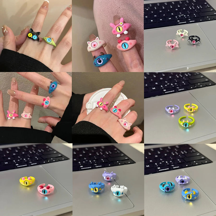 Punk Monster Eyes Shape Anime Finger Rings Cartoon Animal Ear Eyes Opening Adjustable Ring Women Child Party Gift