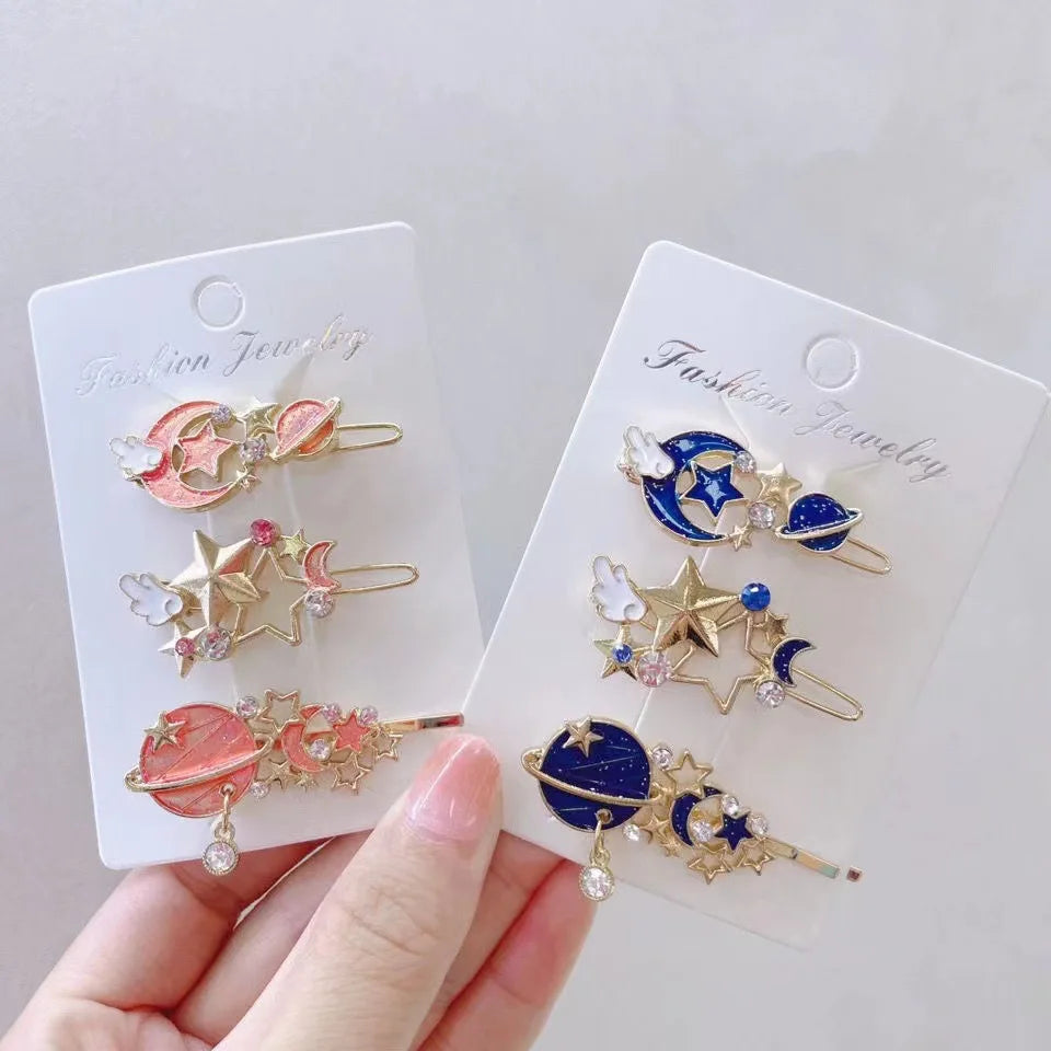 Women Dreamy Pink Blue Color Planet Hair Clip for Girls Korean Fashion Sweet Moon Star Hairpin Hair Accessories