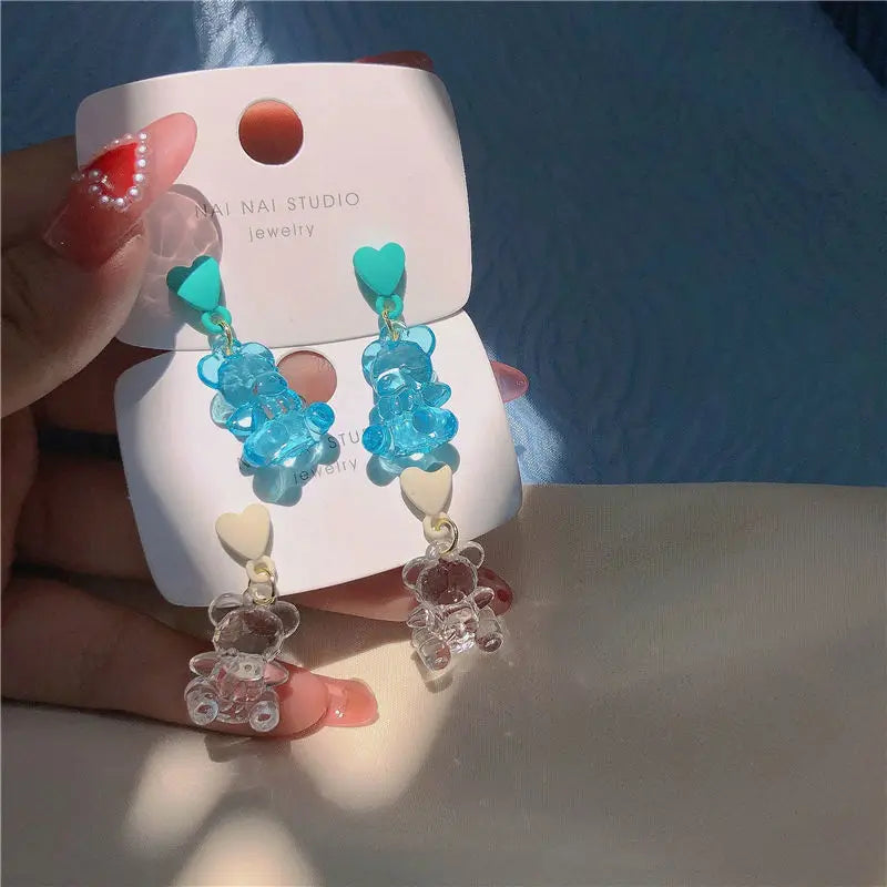 Transparent Colorful Cute Y2K Bear Drop Earrings for Women Hear Piercing Ear Stud Korean Fashion Kpop Brincos 2023