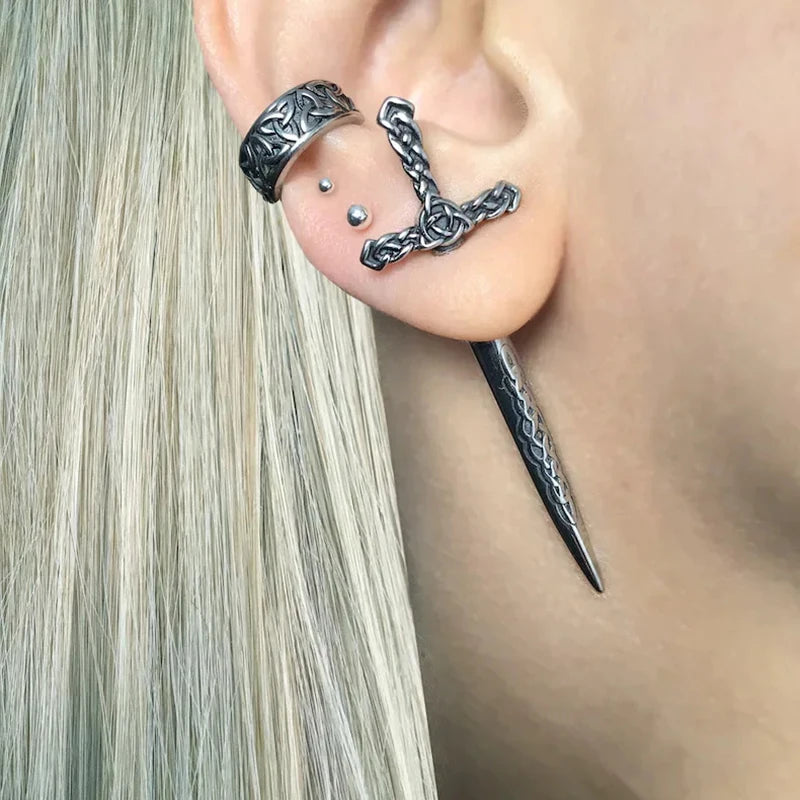 Black Gothic Sword Shape Pattern Piercing Earrings for Women Men Punk Jacket Goth Dagger Stud Earrings Party Gift