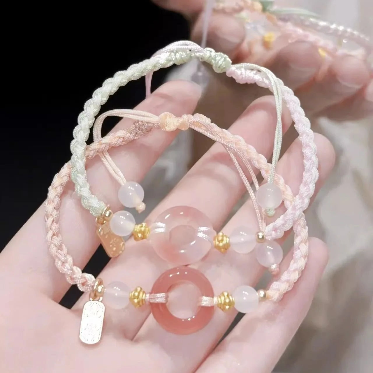 Kiss Jewlery Handmade Weave Rope Bracelets for Women Chinese Ethnic Style Fashion Pink Lucky Beads Adjustable Bracelet Rope Gift