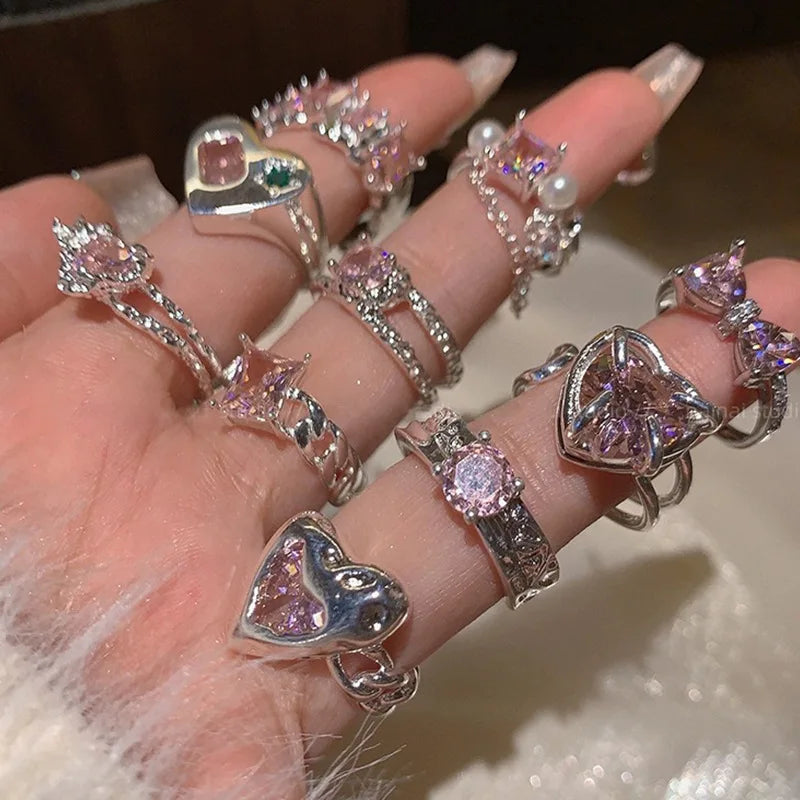 2024 New Y2K Pink Rhinestone Heart Opening Finger Rings for Women Kpop Korean Fashion Adjustable Geometric Link Ring Jewelry