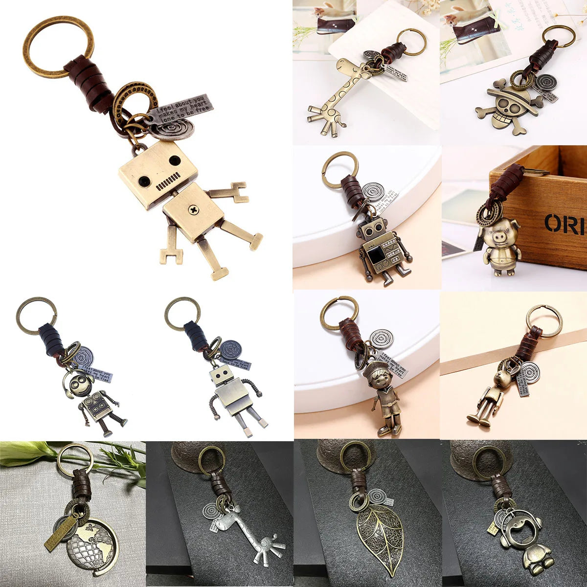Vintage Bronze Metal Big-Headed Robot Keychain Men Women Skeleton Fashion Car Bag Pendant Key Chain Accessories