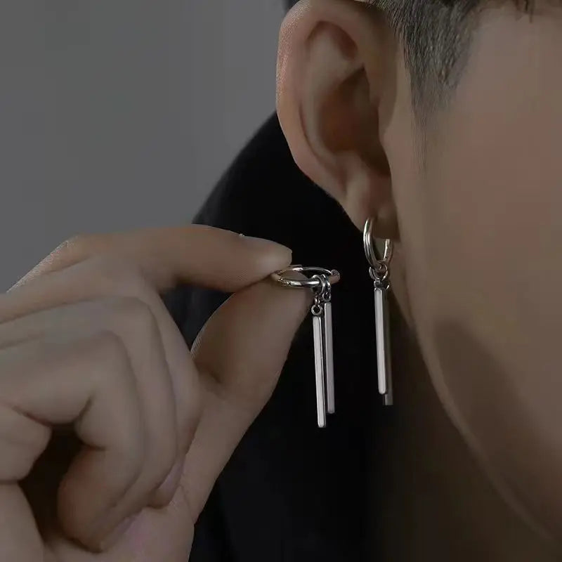 Hip Hop Punk Titanium Steel Stick Pendant Ear Clip Stud Earrings Men Women Cool Personality Square Stick Earring