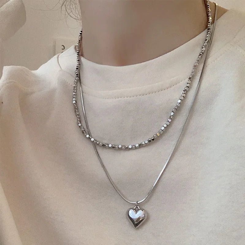 INS Beads Chain Silver Color Heart Pendant Necklace for Women Kpop Girl Korean Fashion Choker Collar 2023 Trendy