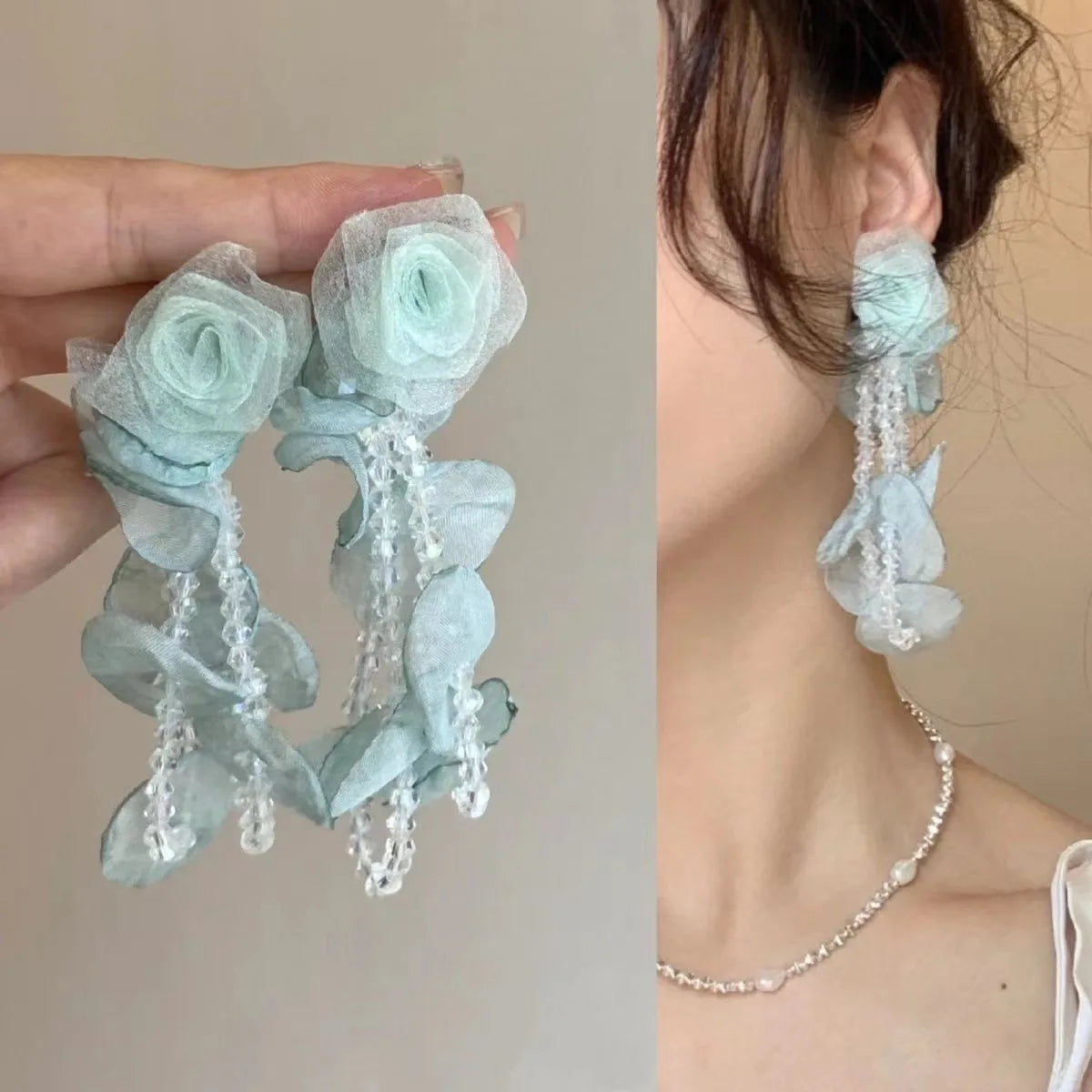 Luxury Mint Green Organza Flower Drop Earrings for Women INS Unique Exaggeration Beaded Tassel Dangle Earring Gift