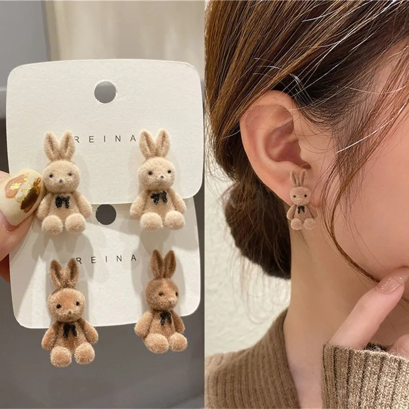 Cute Rabbit Bear Shape Stud Earrings for Women Autumn Winter Flocking Animal Ear Studs Earring Korean Fashion Gift