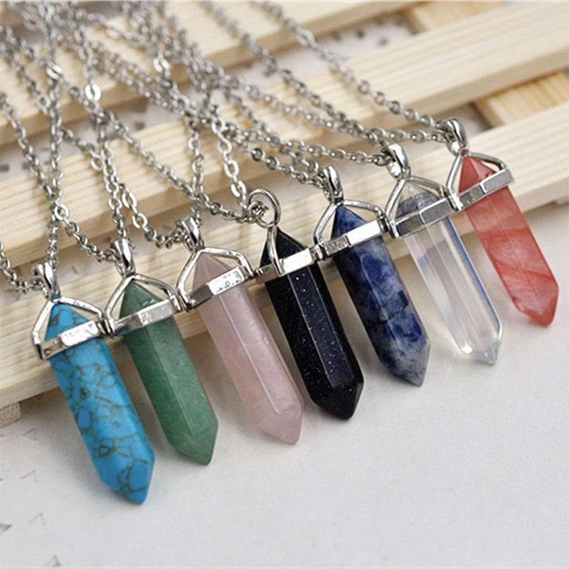 Natural Stone Hexagonal Column Quartz Necklaces