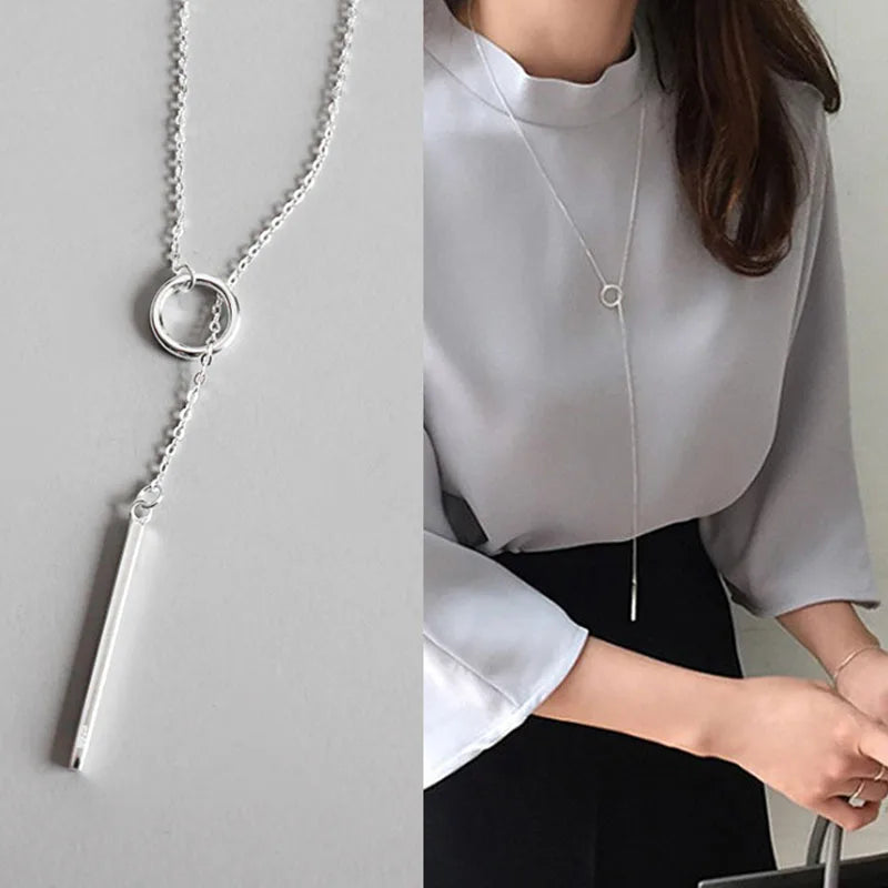 Long Link Hoop Pendant Necklace for Women Silver Color Simple Korean Fashion Sweater Chain Necklace Collar 2023