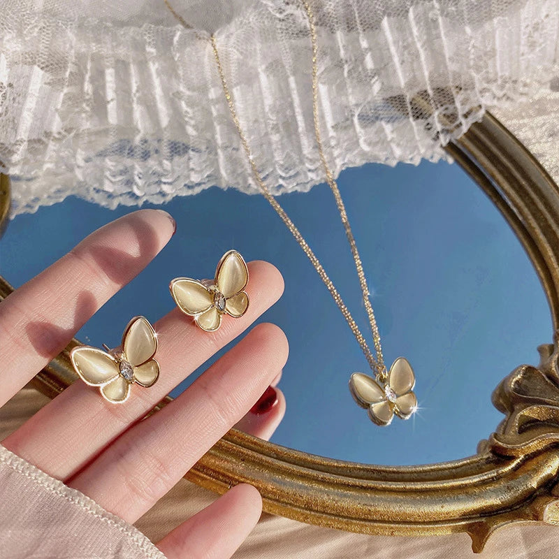 Charm Opal Butterfly Necklace Earring Set