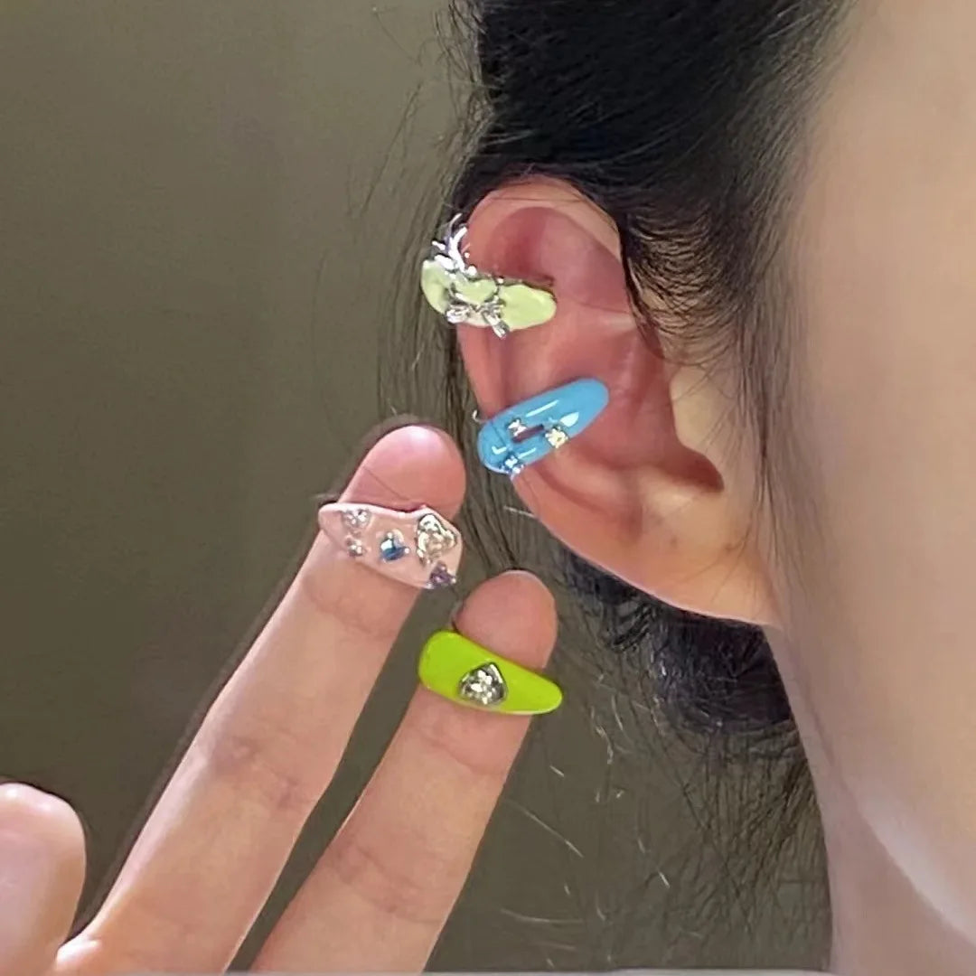 Women Y2K Colorful Rhinestone Bow Painting Oil Ear Clips Korean Fashion Kpop Girl No Piercing Ear Cuff brincos 2023