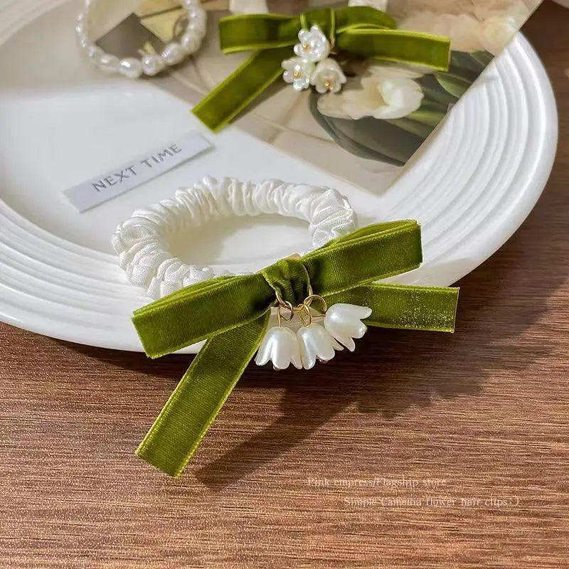 Lily of the Valley Flower Green Velvet Elastic Hair Bands Scrunchies Women Korean Fashion Ponytail Band Accessories