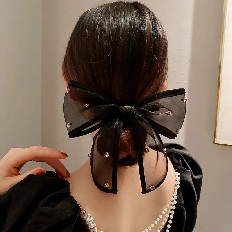 Women Korean Fashion Oversize Black Mesh Bow Ribbon Hairpin Rhinestones Elegant Hair Clip Barrette Accessories 2023