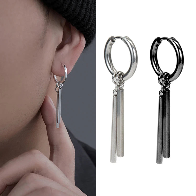 Titanium Steel Punk Cool Men Women Ear Clip Stud Earrings Long Stick Pendant Fashion Hip Hop Drop Party Earring