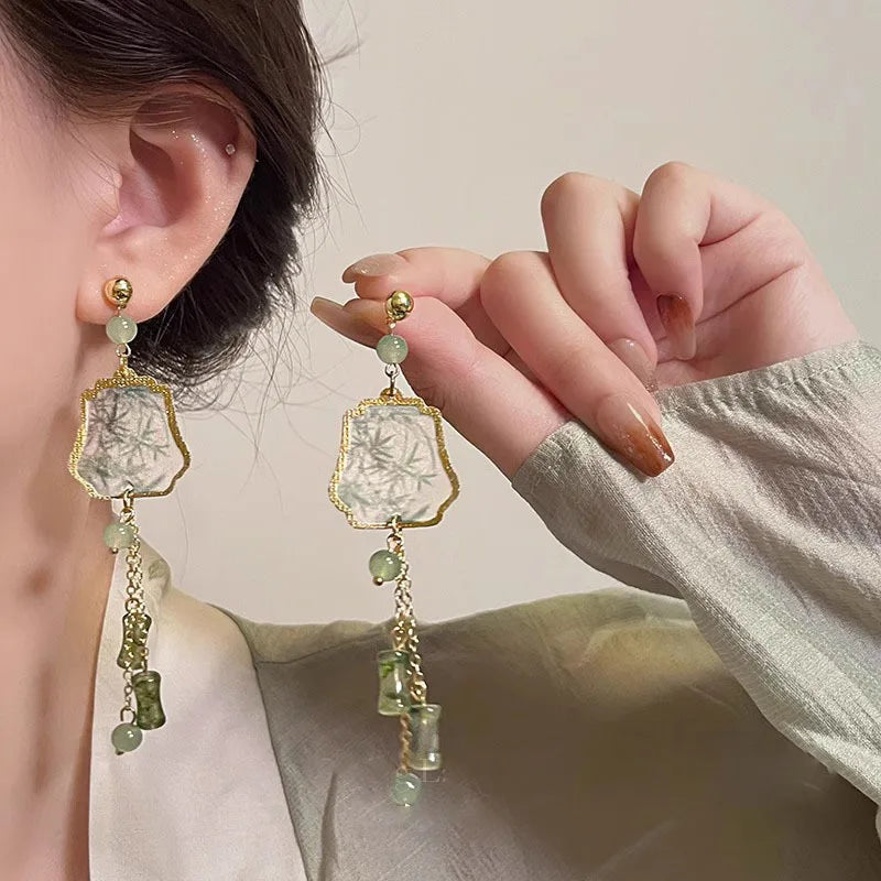 Chinese Traditional Natural Stone Green Bamboo Fan Earrings