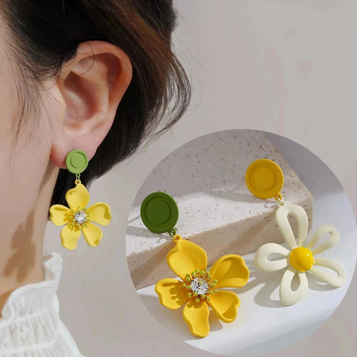 Special Design Asymmetric Camellia Drop Earrings for Women 2024 New Creative Summer Yellow Flower Earring Gift