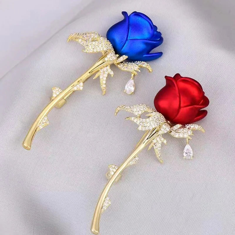 Red Blue Rose Flower Pins for Women Luxury Rhinestone Cute Floral Shape Brooch Pin Dinner Wedding Party Accessories