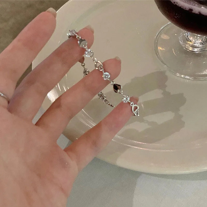 Zircon Heart Link Ins Bracelet for Women Korean Fashion Sweet Girls Hollow Out Pulseras Y2K Bracelet Party Gift